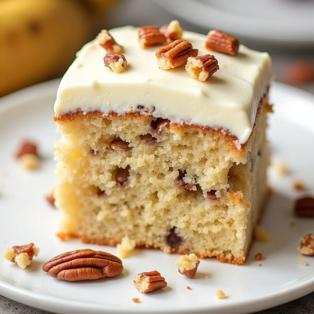 Hummingbird cake with cream cheese frosting topped with chopped pecans