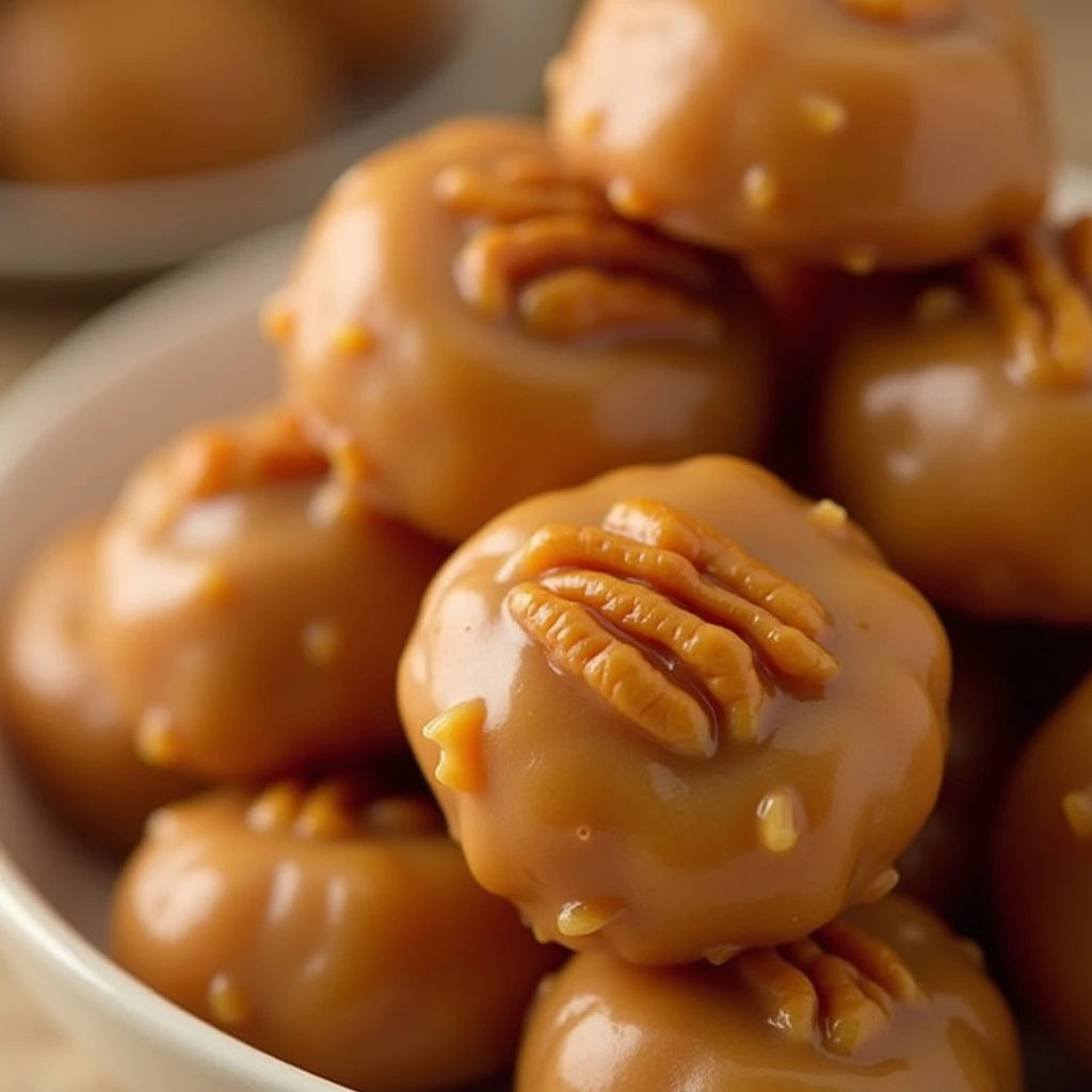 New Orleans pralines with pecans on a wooden table