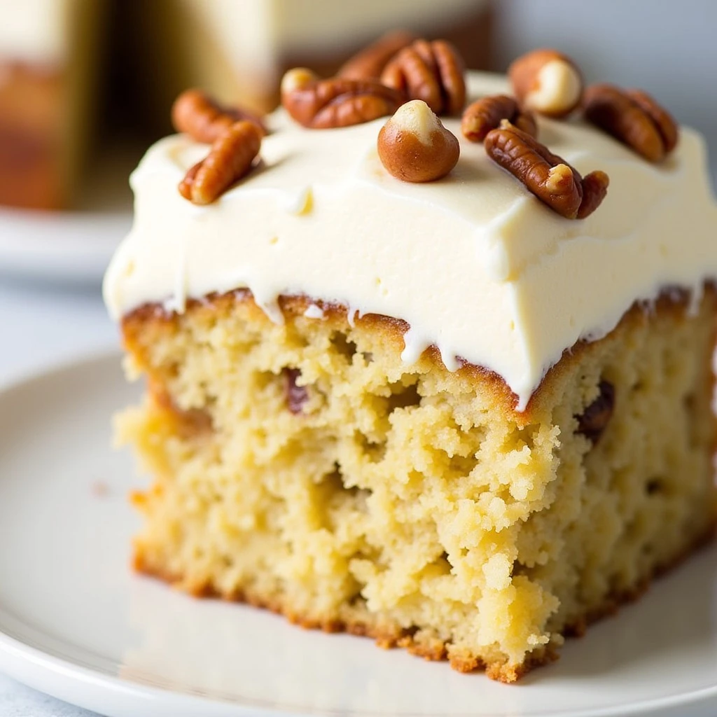 Hummingbird cake slice with cream cheese frosting and pecans