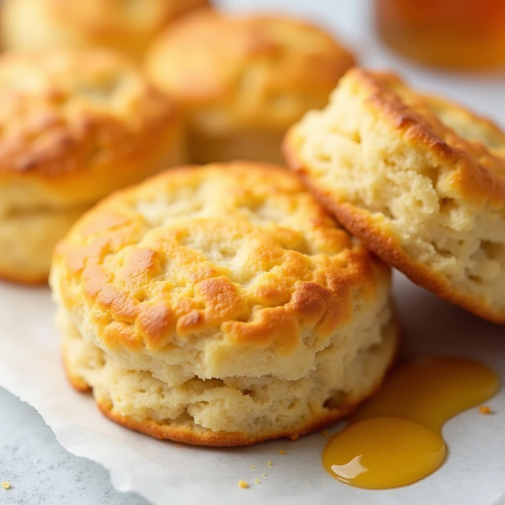 Honey biscuits on a wooden board with a drizzle of honey