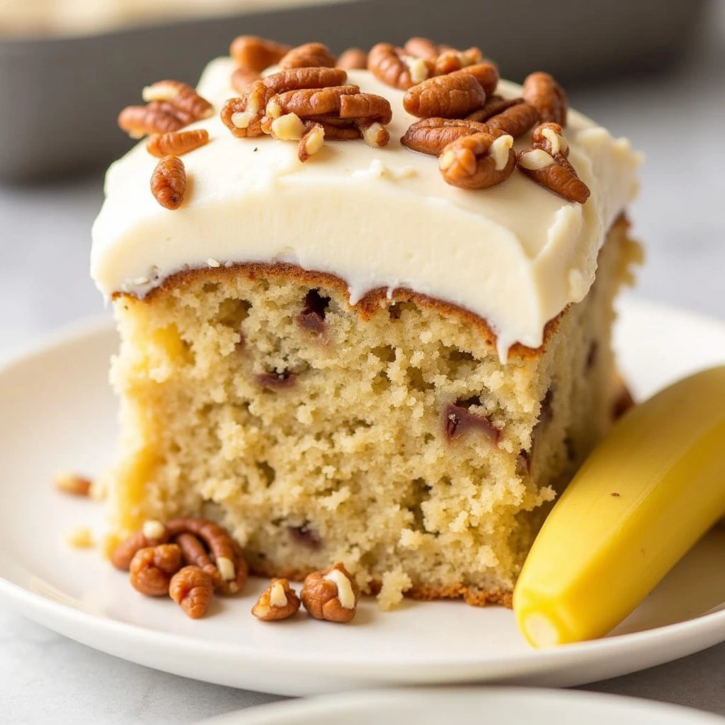 Hummingbird cake with cream cheese frosting topped with chopped pecans