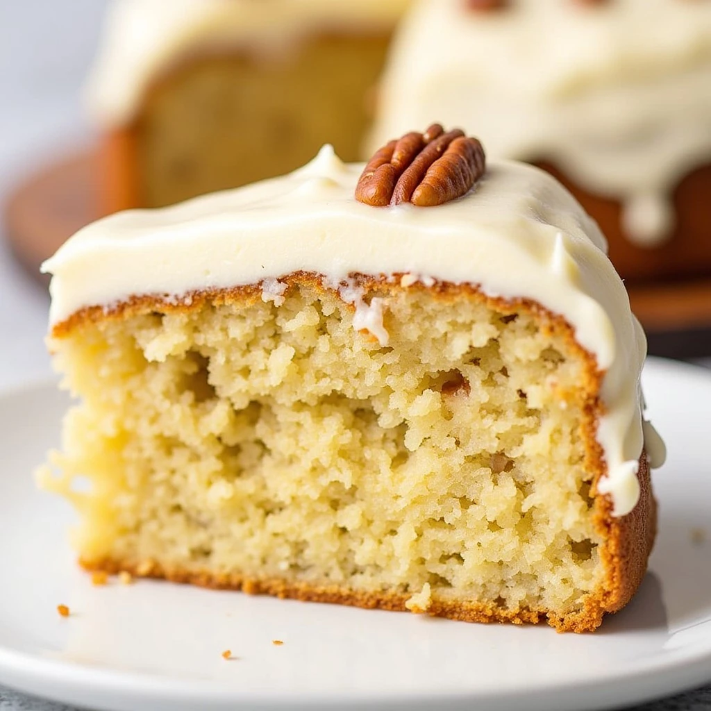 Hummingbird cake slice with cream cheese frosting and pecans