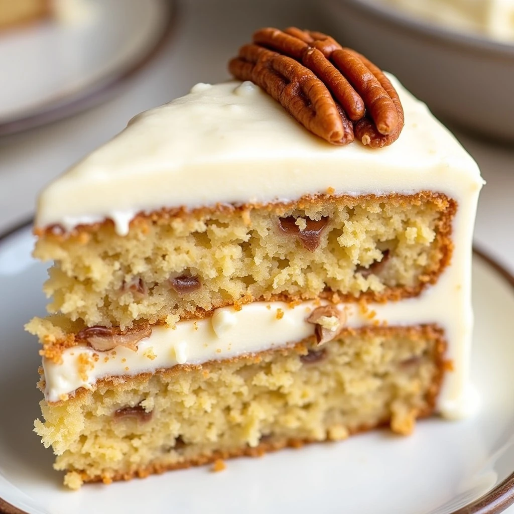 A slice of hummingbird cake with cream cheese frosting and pecans