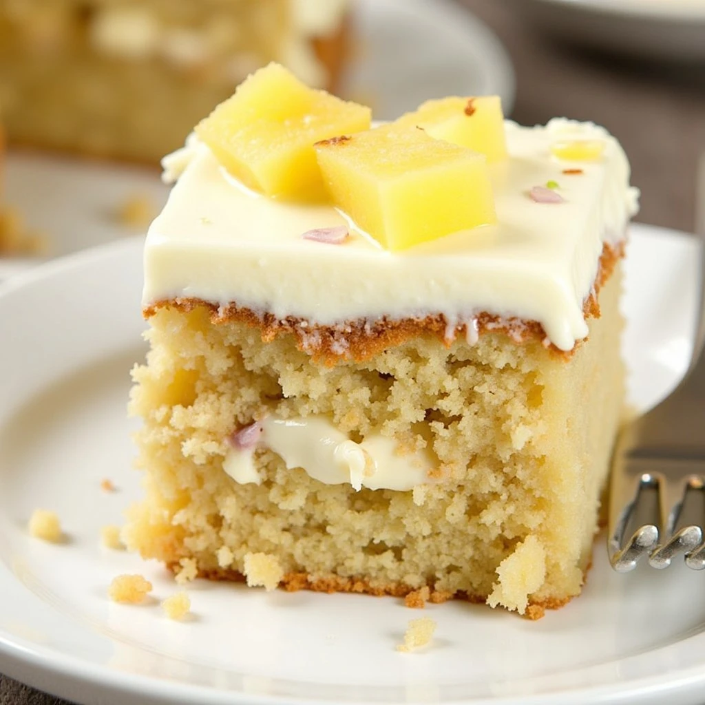 A slice of hummingbird cake with cream cheese frosting on a white plate