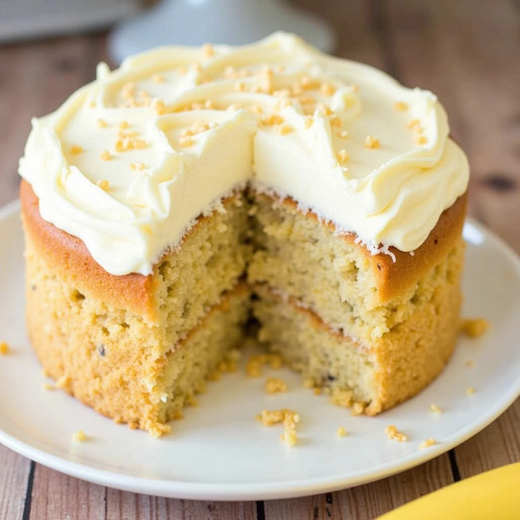 A slice of hummingbird cake with cream cheese frosting on a white plate