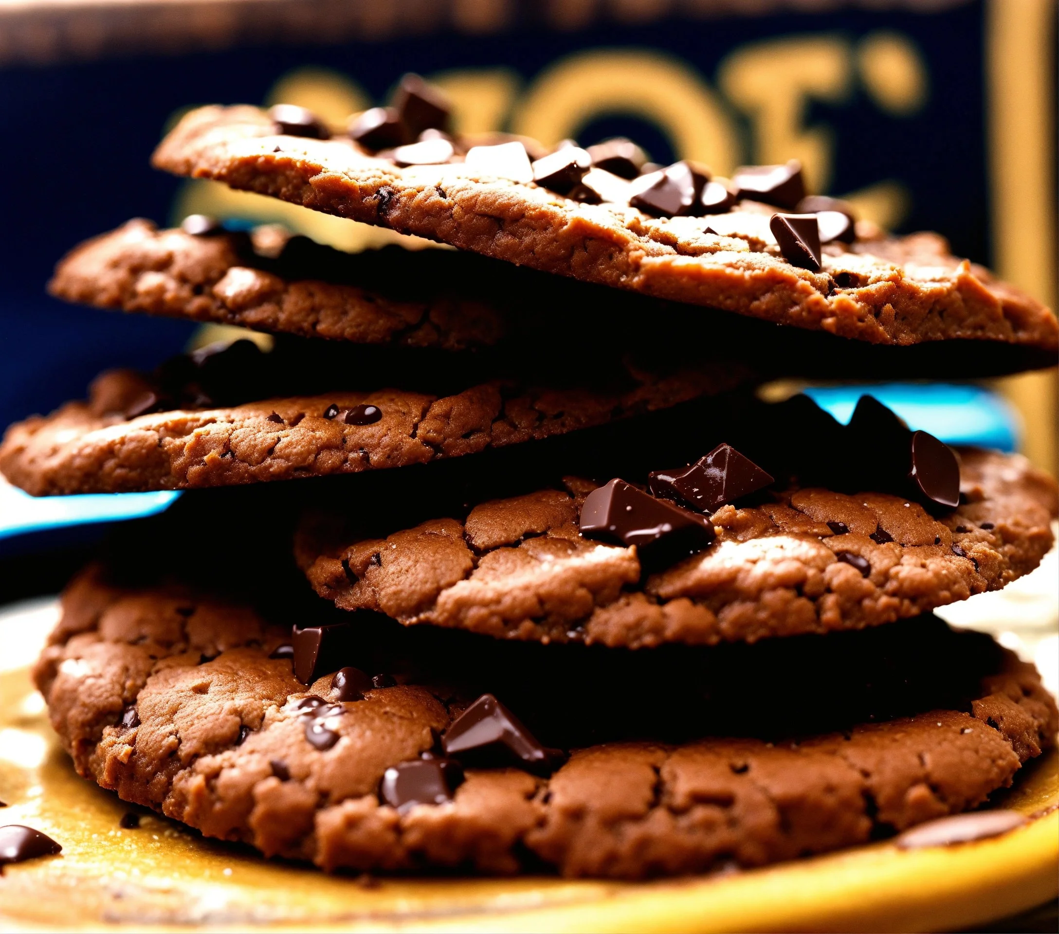 A stack of oatmeal chocolate chip cookies on a wooden plate