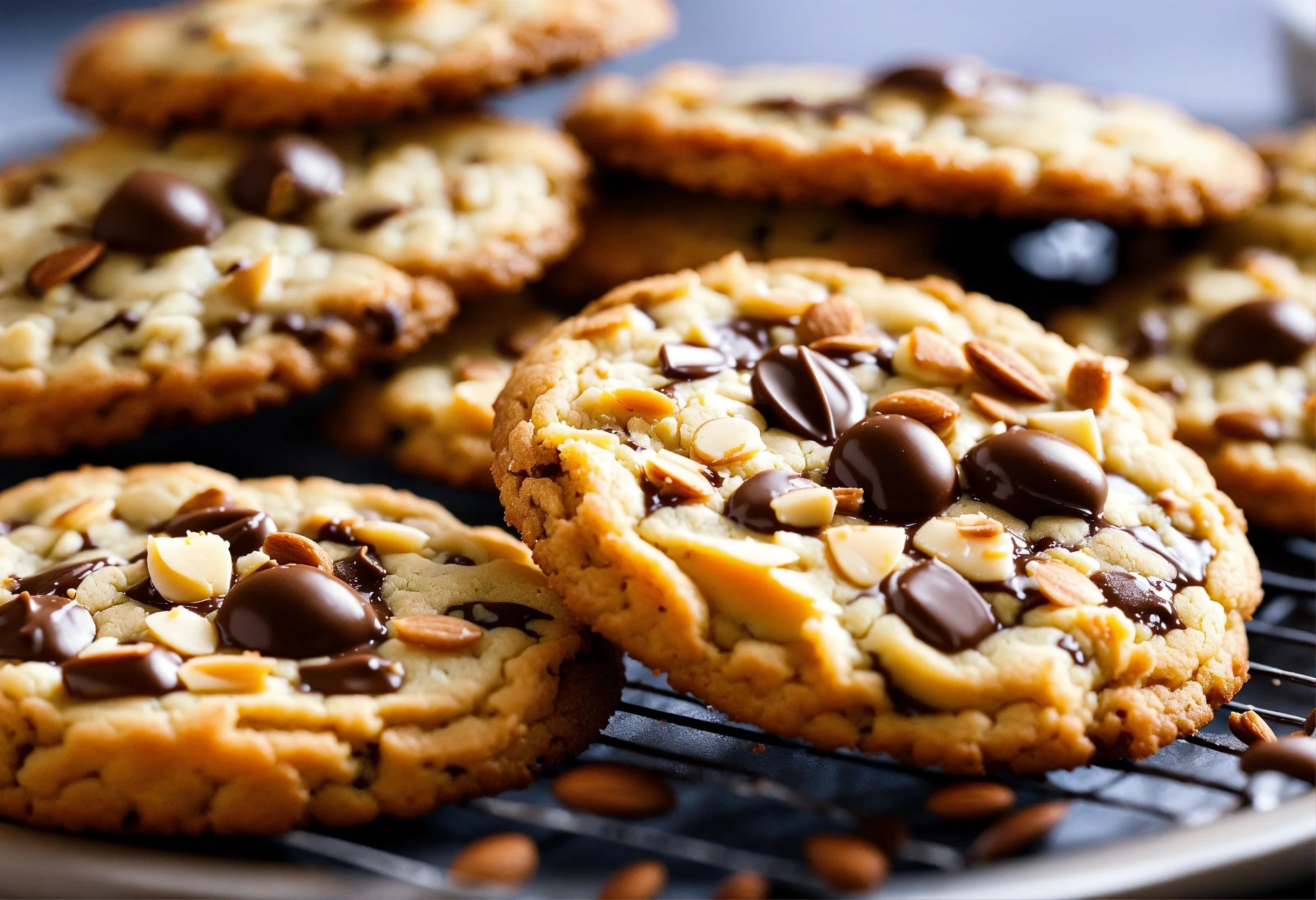 A stack of oatmeal chocolate chip cookies on a wooden plate