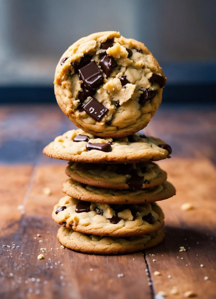 A stack of oatmeal chocolate chip cookies on a wooden plate