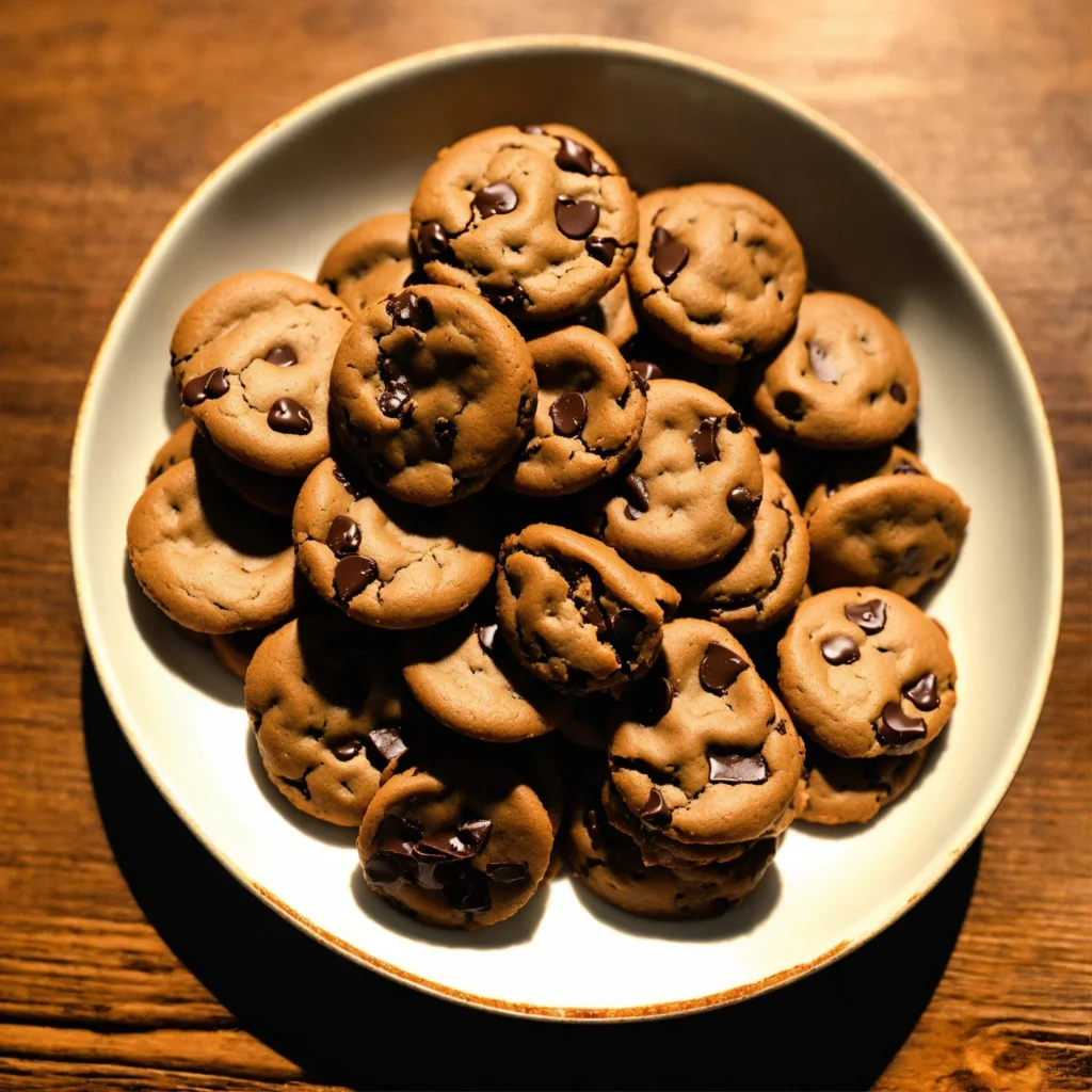 A stack of oatmeal chocolate chip cookies on a wooden plate