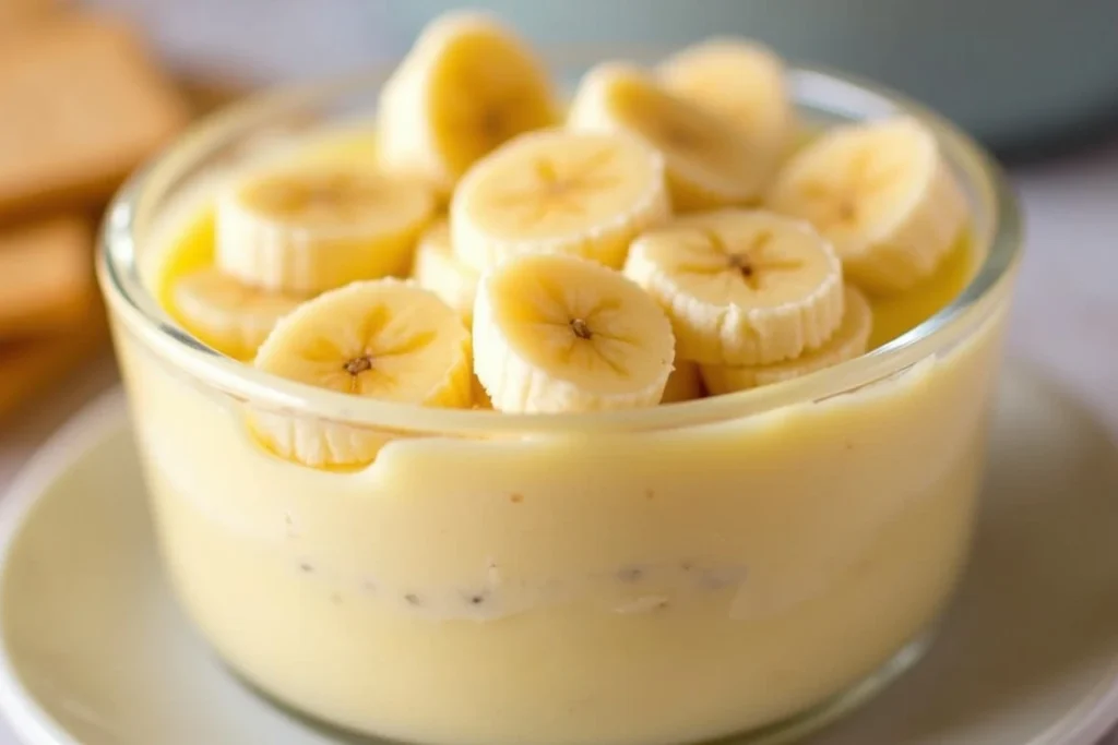 A bowl of creamy banana pudding with vanilla wafers and fresh bananas