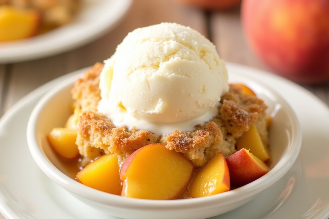 A delicious homemade peach cobbler served warm with a scoop of vanilla ice cream