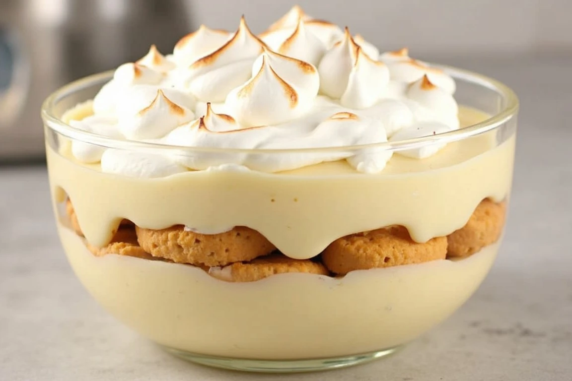 Delicious homemade banana pudding with vanilla wafers and sliced bananas