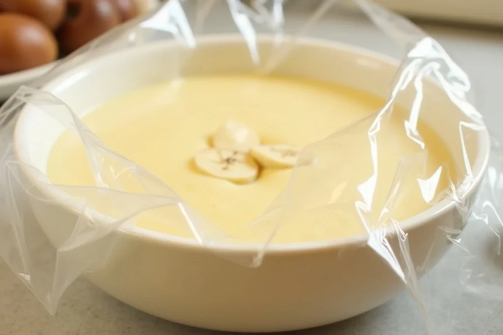 Banana pudding in an airtight container with a fresh slice of banana on top