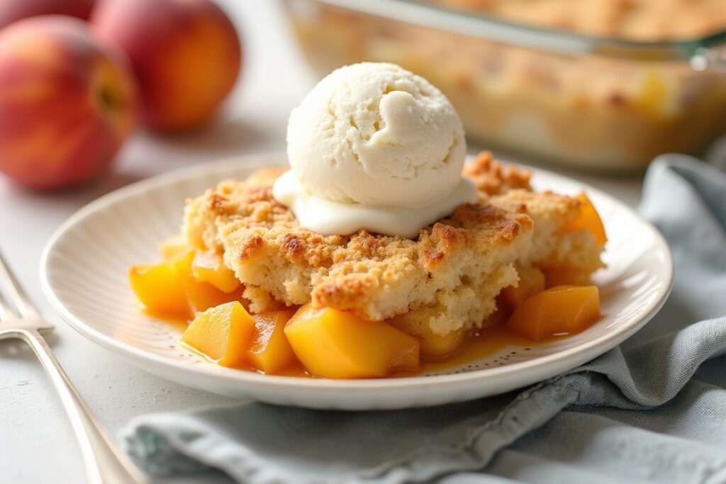 A delicious homemade peach cobbler served warm with a scoop of vanilla ice cream