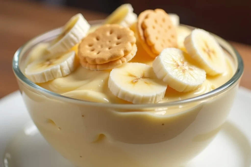 Delicious bowl of banana pudding with fresh banana slices and vanilla wafers