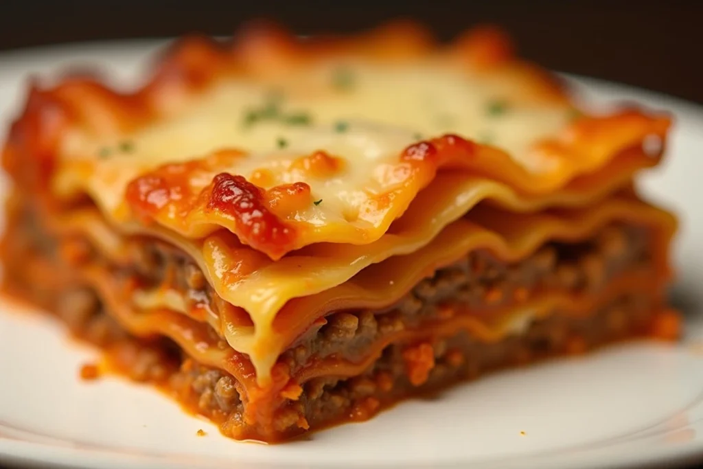 Layered lasagna dish with melted cheese and golden crust