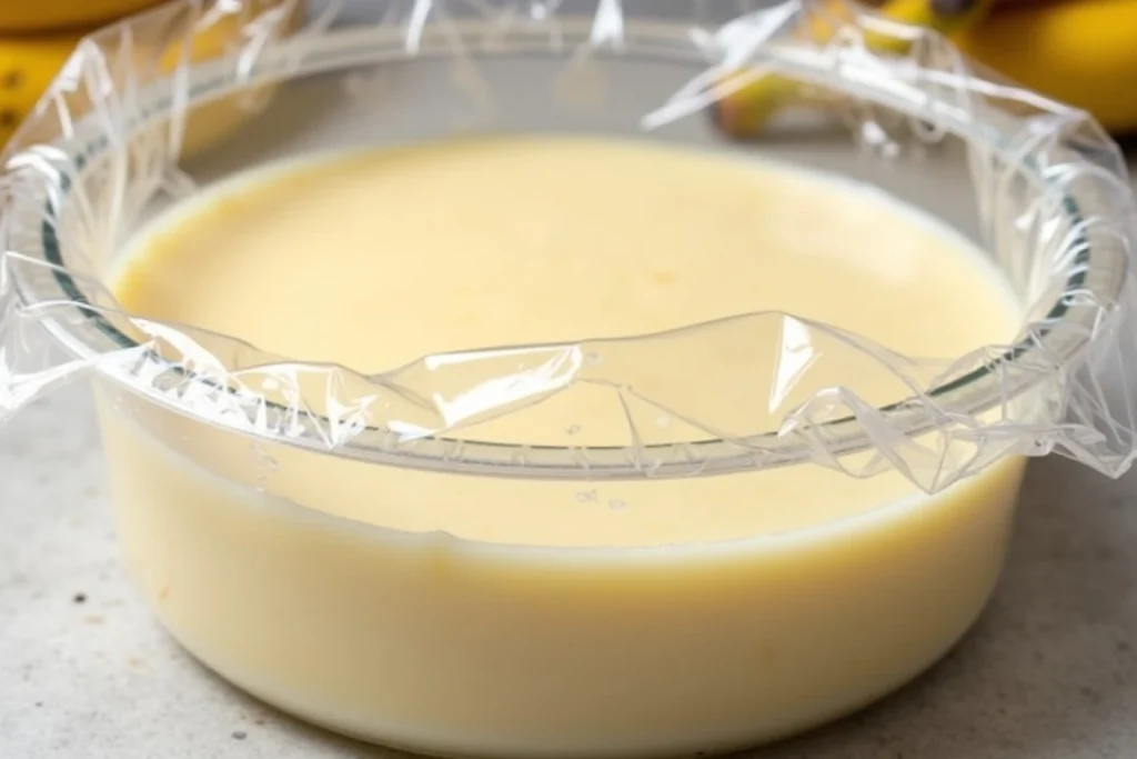 Banana pudding in an airtight container with a fresh slice of banana on top