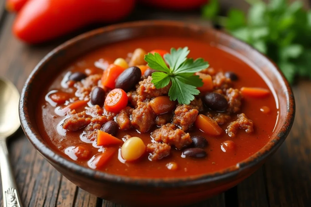 Bowl of spicy chili soup with red chili peppers on the side