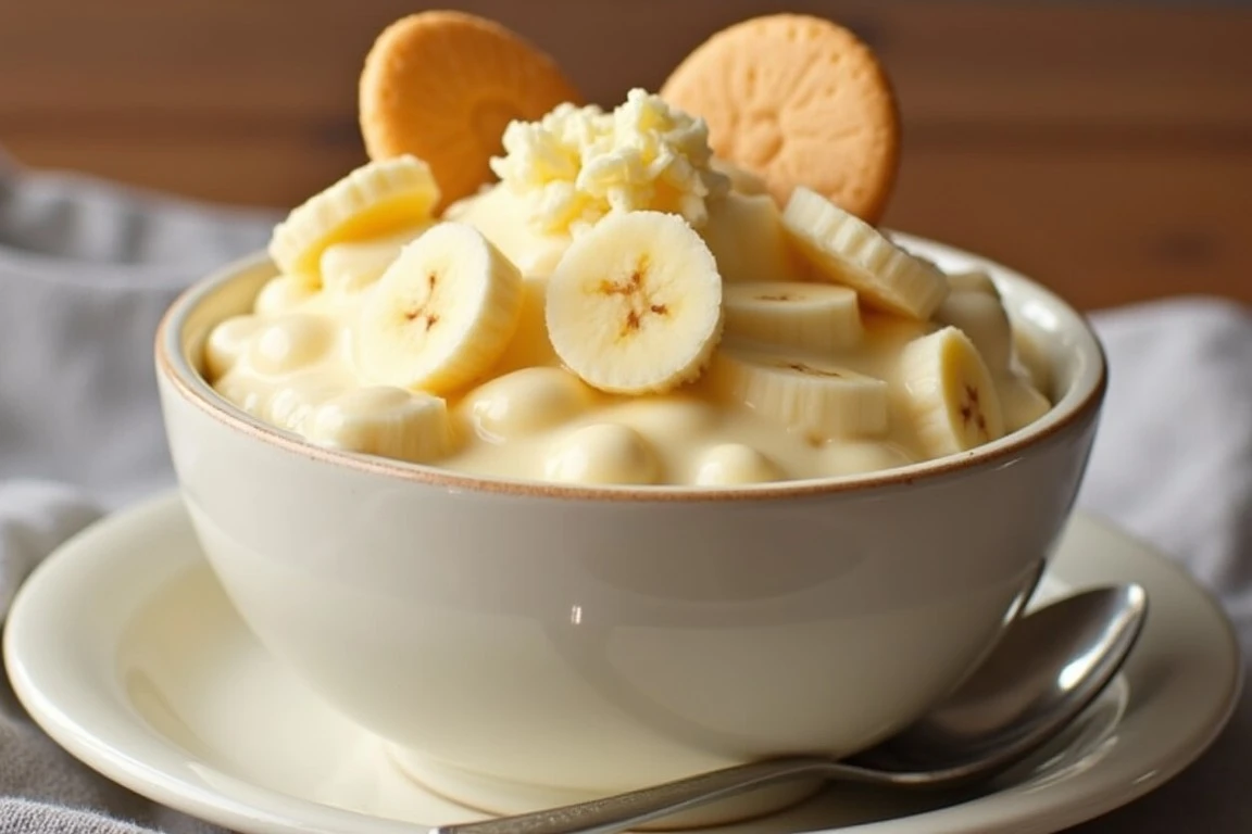 Delicious bowl of banana pudding with fresh banana slices and vanilla wafers