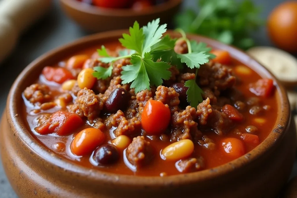 A bowl of spicy homemade chili with beans, topped with fresh herbs