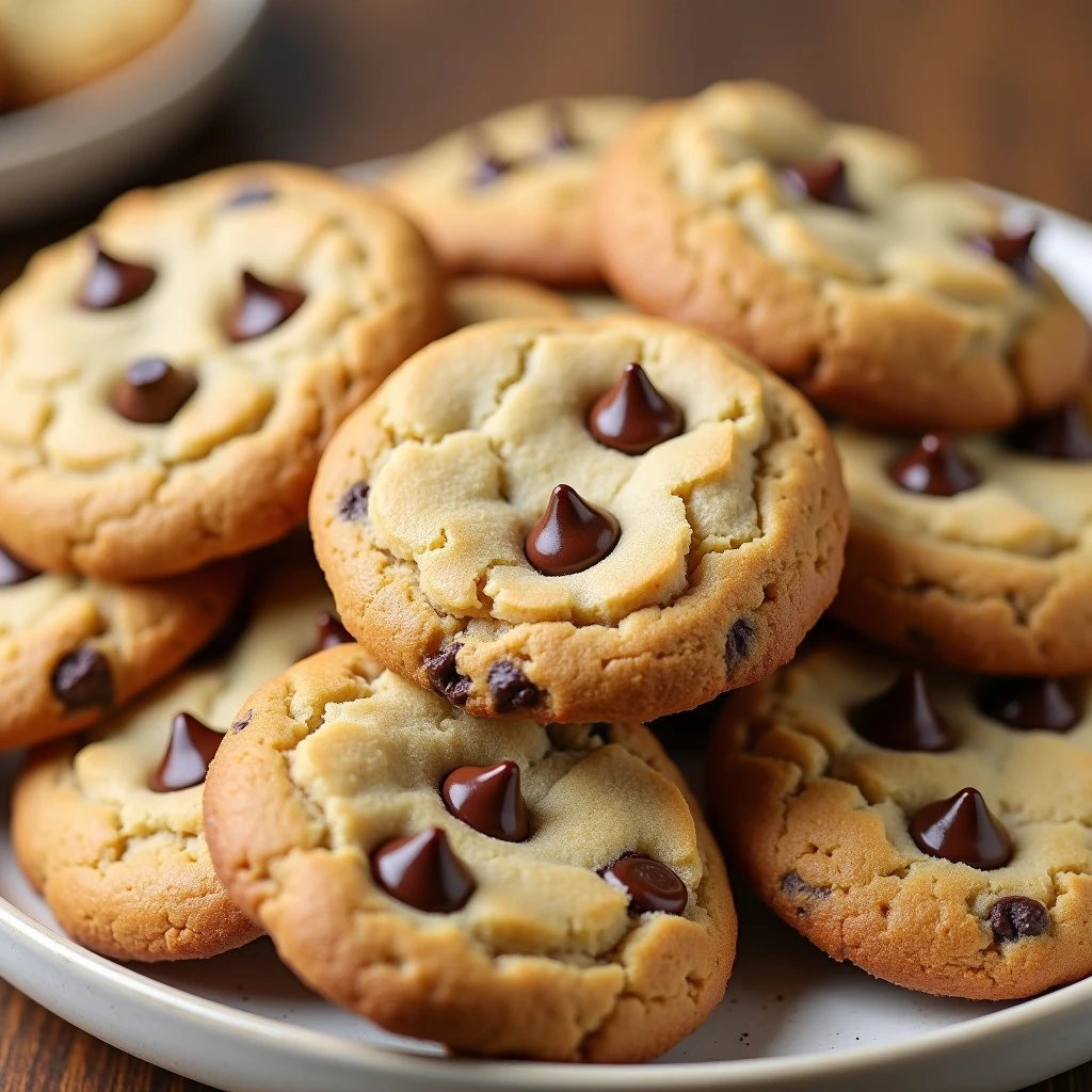 A stack of soft and chewy chocolate chip cookies on a wooden tray