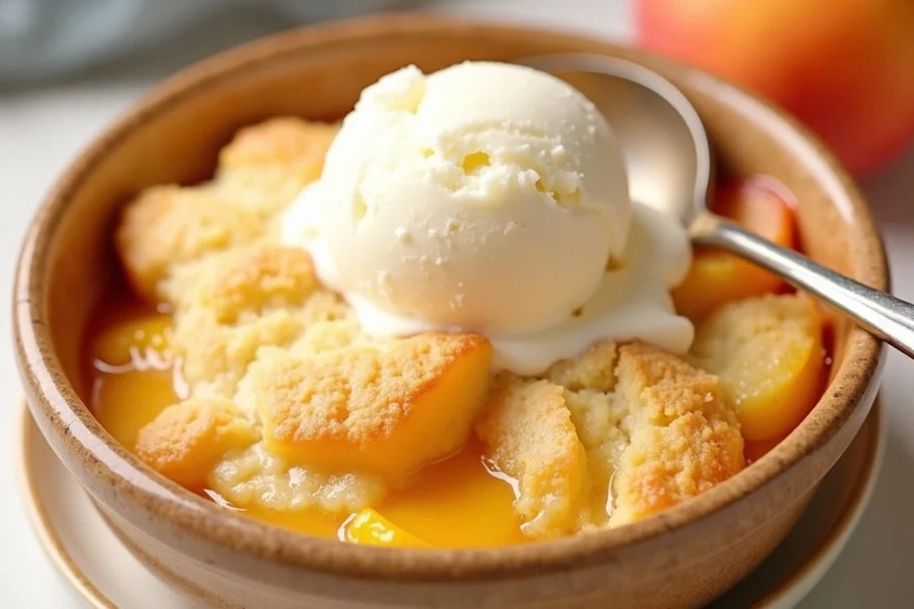 Peach cobbler made with canned peaches, served in a baking dish