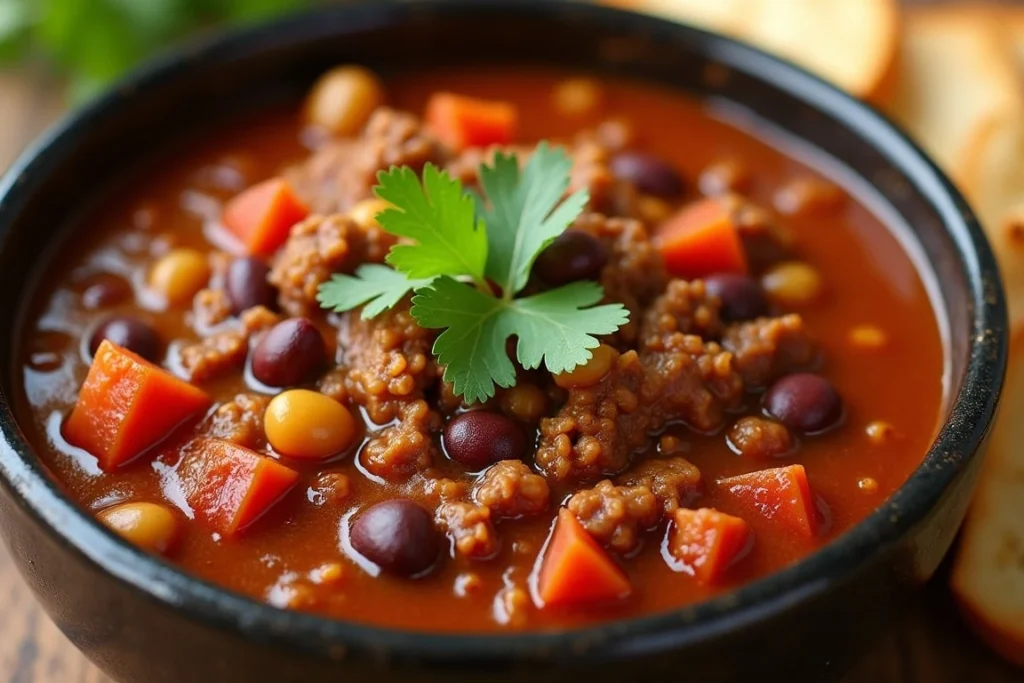 "A bowl of spicy homemade chili with beans, topped with fresh herbs