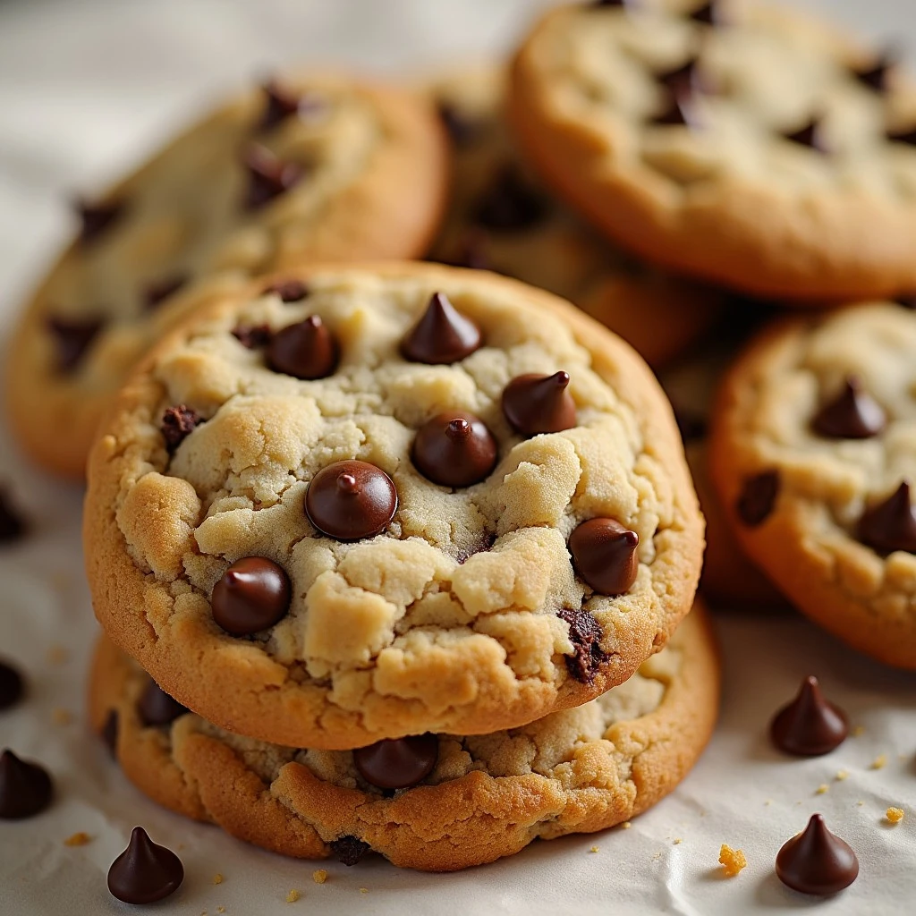 A stack of soft and chewy chocolate chip cookies on a wooden tray