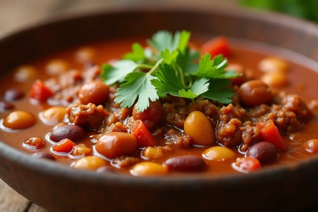 A bowl of hearty homemade chili with beef, beans, and a garnish of cilantro