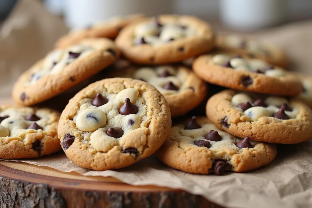 Chocolate chip cookies with crispy edges and soft center on a baking tray