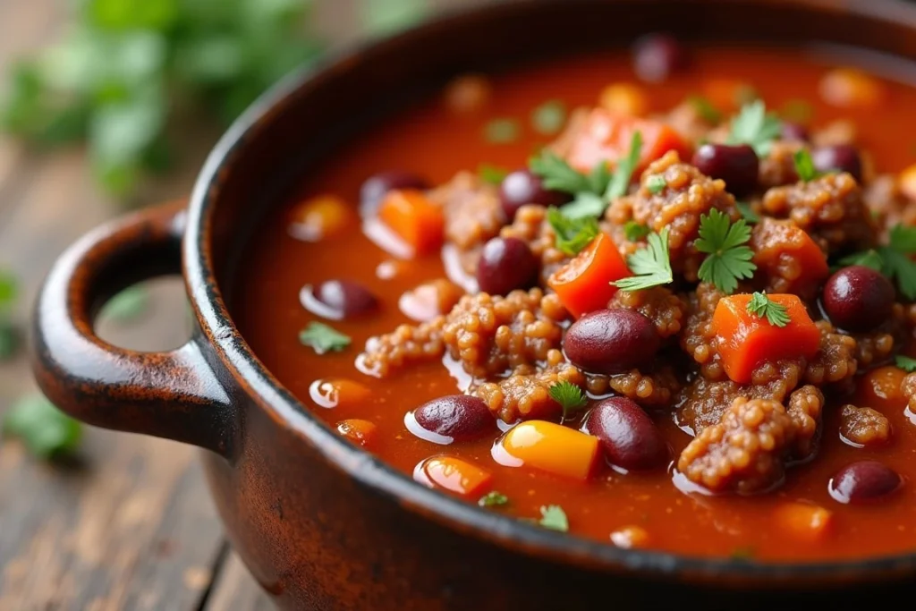 Bowl of spicy chili soup with red chili peppers on the side