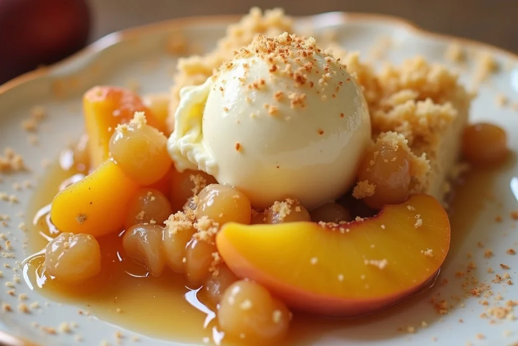 A warm and golden peach cobbler served in a dish