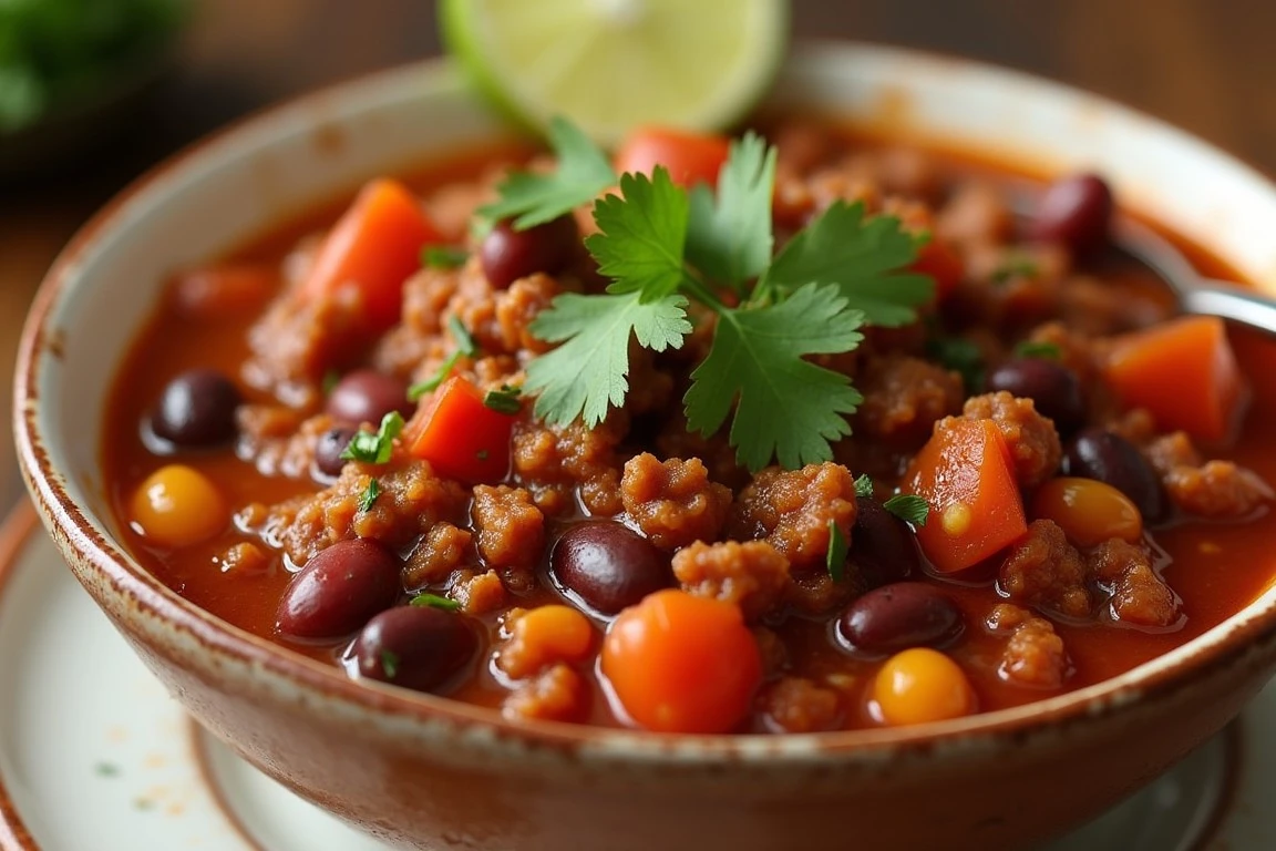 A bowl of hearty homemade chili with beef, beans, and a garnish of cilantro