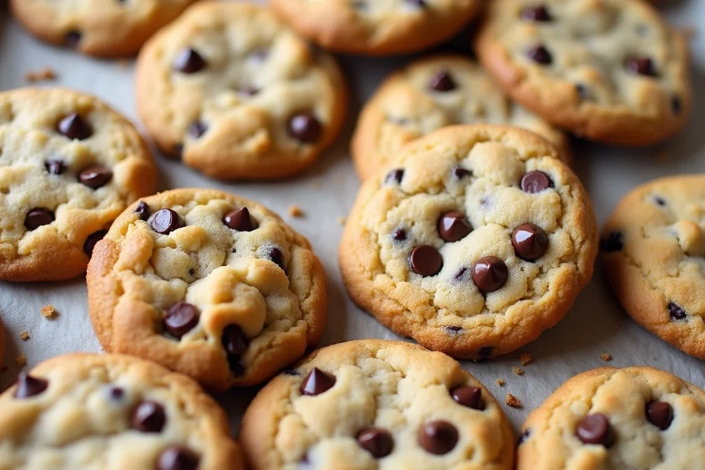 Chocolate chip cookies with crispy edges and soft center on a baking tray