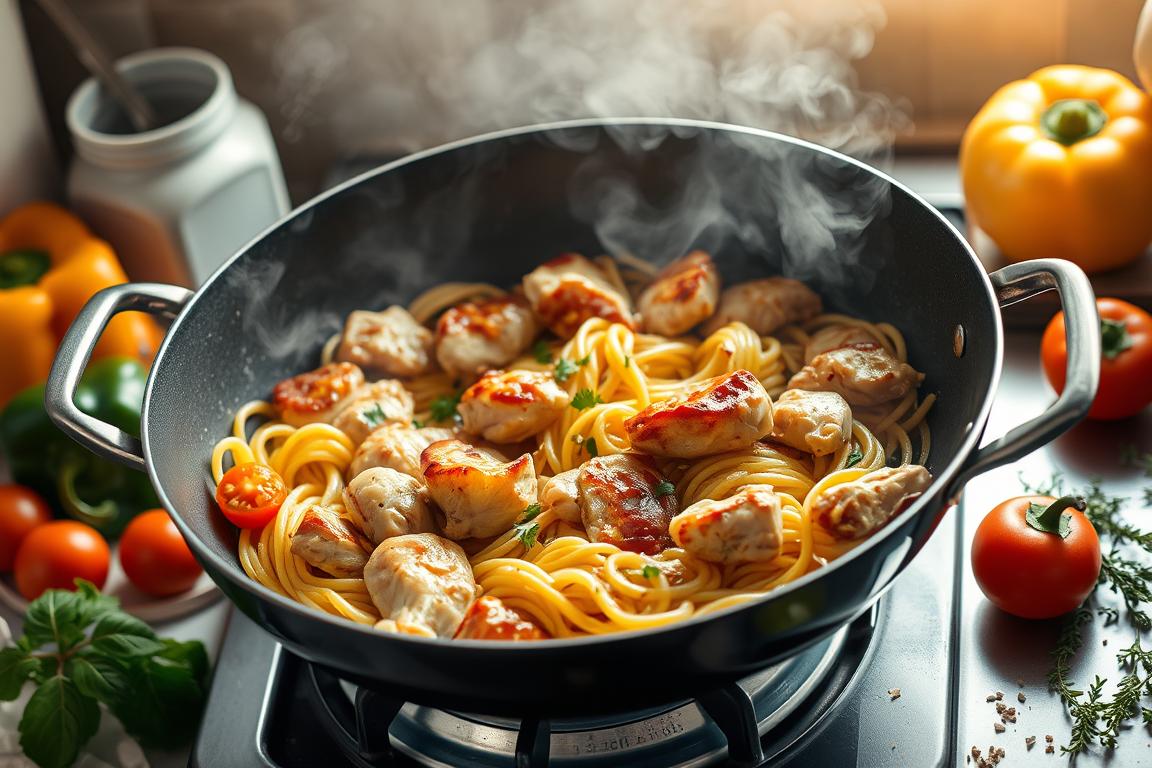 Can you cook pasta in the same pan as chicken?