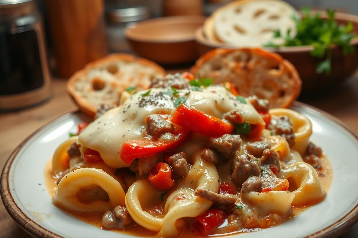 cheesesteak tortellini in rich provolone sauce